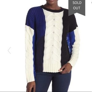 Color block fringe sleeve cable block sweater S